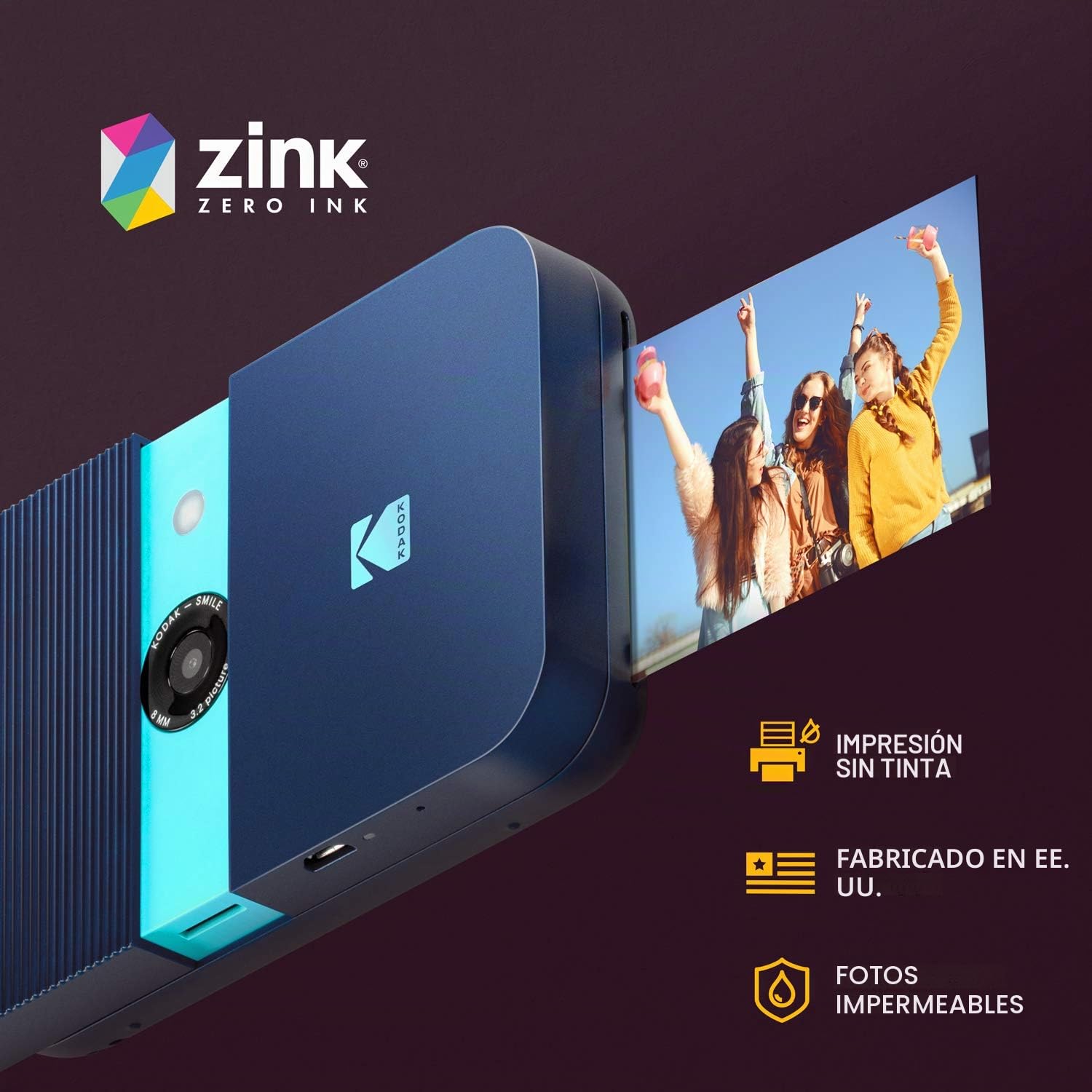 KODAK Smile Cámara digital de impresión instantánea, Cámara de 10MP que abre al deslizarse c/impresora 2x3 ZINK, Pantalla, Enfoque fijo, Flash automático y edición de fotos, Azul