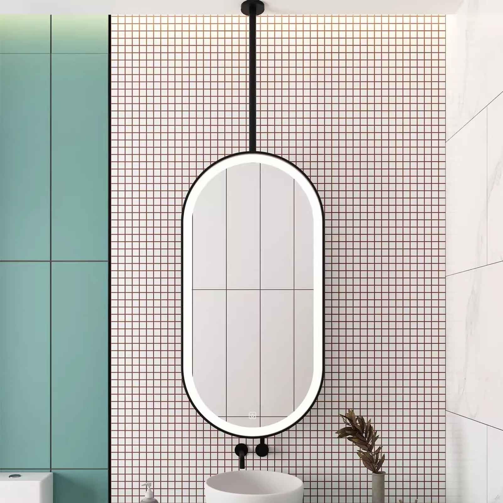 FGXHHS Oval Mirror for Bathroom, Hanging Rod Ceil Black Metal Frame Makeup Shower Vanity Mirror(50cmx100cm)