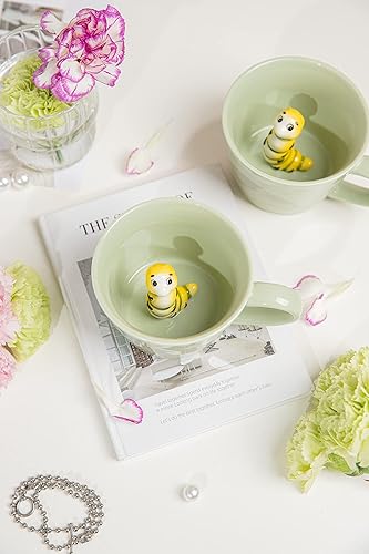 Miniatura 7 de DIHOclub Taza de café de cerámica de oruga oculta en el interior de animales en 3D, serie de jardín, hecha a mano con figuras de oruga (verde claro)