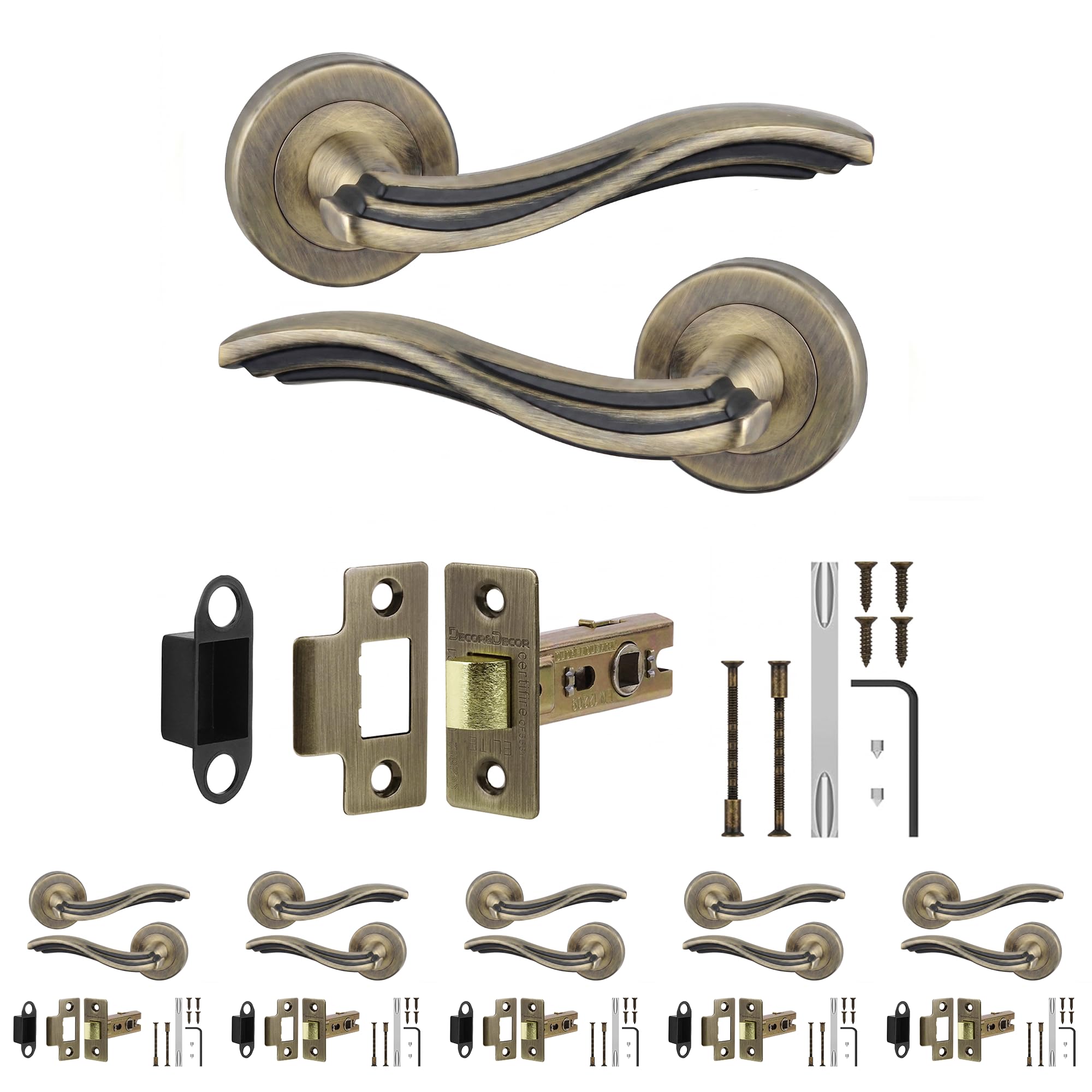 Decoranddecor Solace Antique Brass Door Handles, Latch Kit 76mm 6 Pack