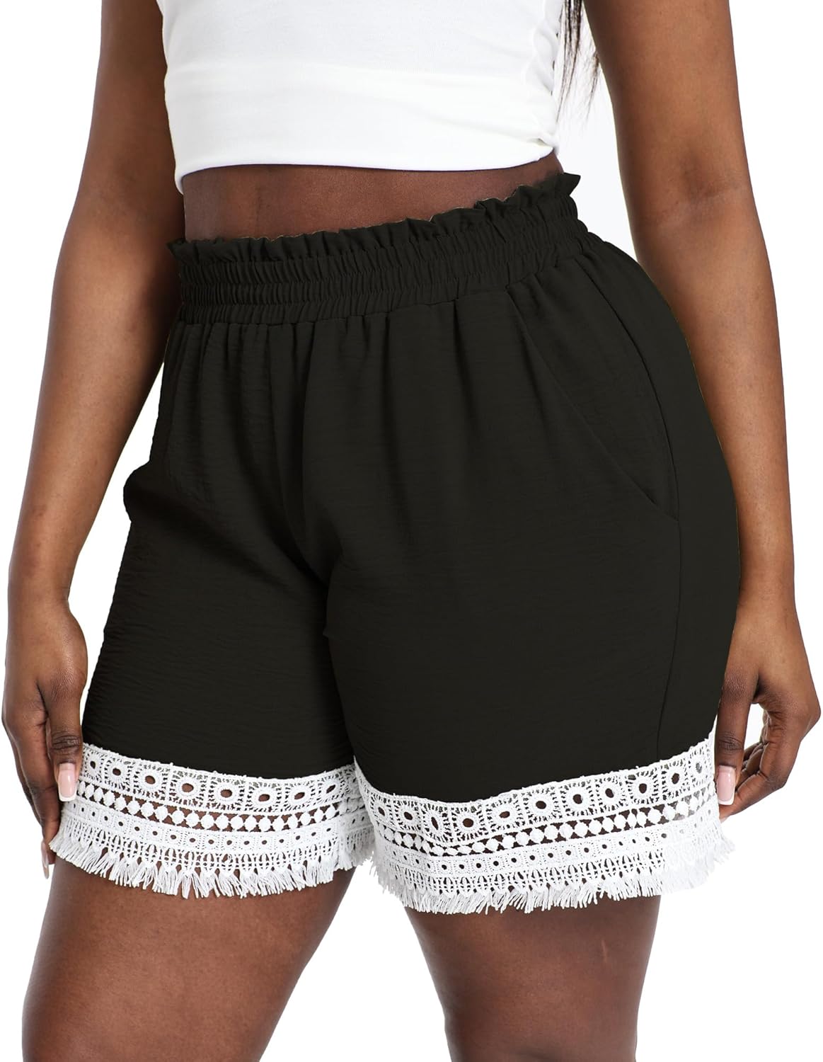 Plus Size Lace Trim Elastic High Waisted Shorts for Women Summer Casual Loose Vacation Beach Lounge Ruffle Shorts - Image 4