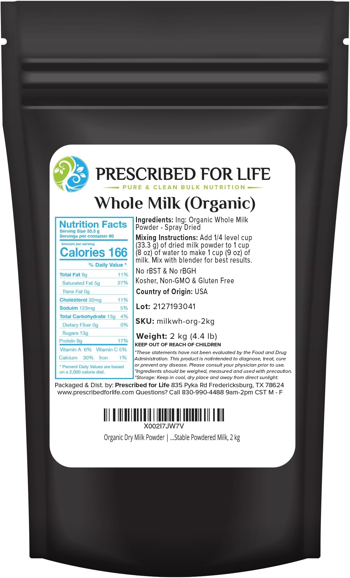 - Prescribed For Life Organic Dry Milk Powder, USDA Grade A Whole Milk rBST & rBGH Free, Non GMO, Kosher, Shelf Stable Whole Milk Powder (2kg / 4.4lb)