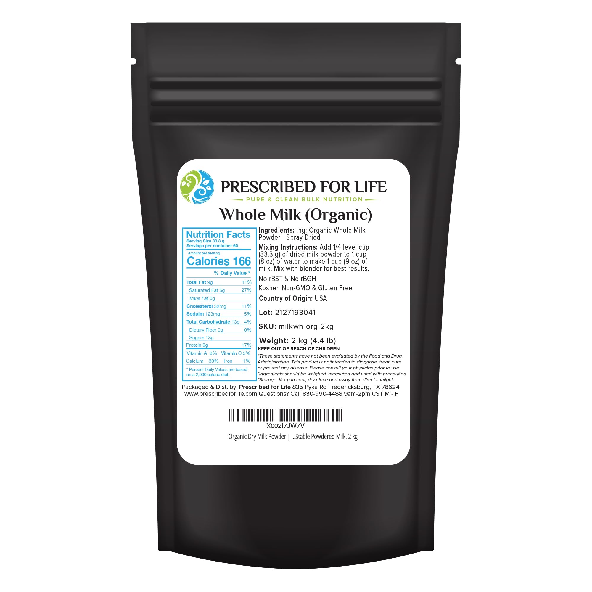 Prescribed For Life Organic Dry Milk Powder, USDA Grade A Whole Milk rBST & rBGH Free, Non GMO, Kosher, Shelf Stable Whole Milk Powder (2kg / 4.4lb)