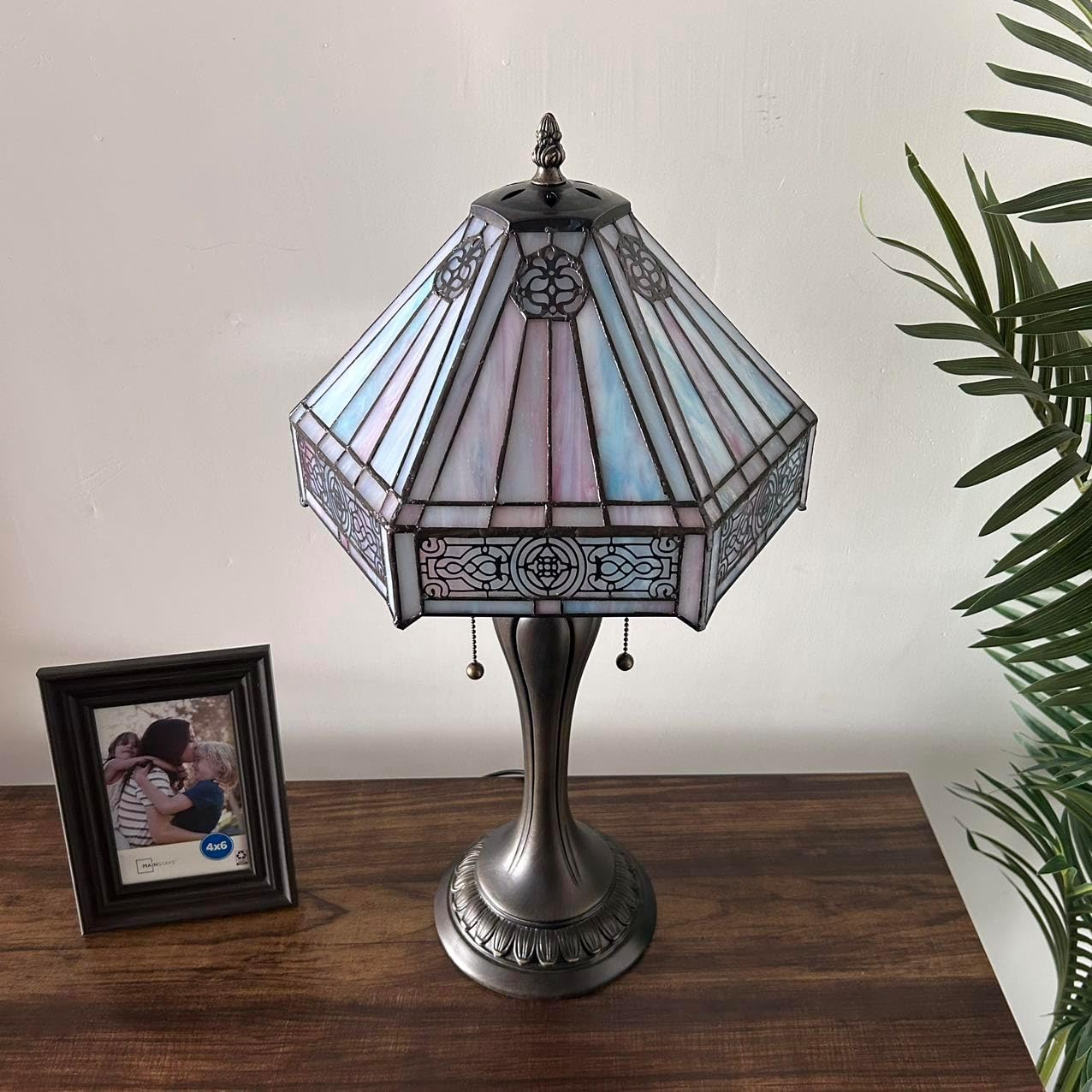 Tiffany Table Lamp Sky Color Hexagon Stained Glass LED Bulbs Included for Living Room Bedroom Bedside 12" W*12" D*22" H