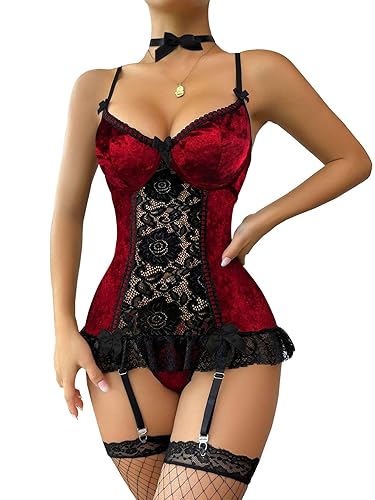 Lilosy Sexy Stocking Garter Belt Bows Floral Lace Babydoll Corset