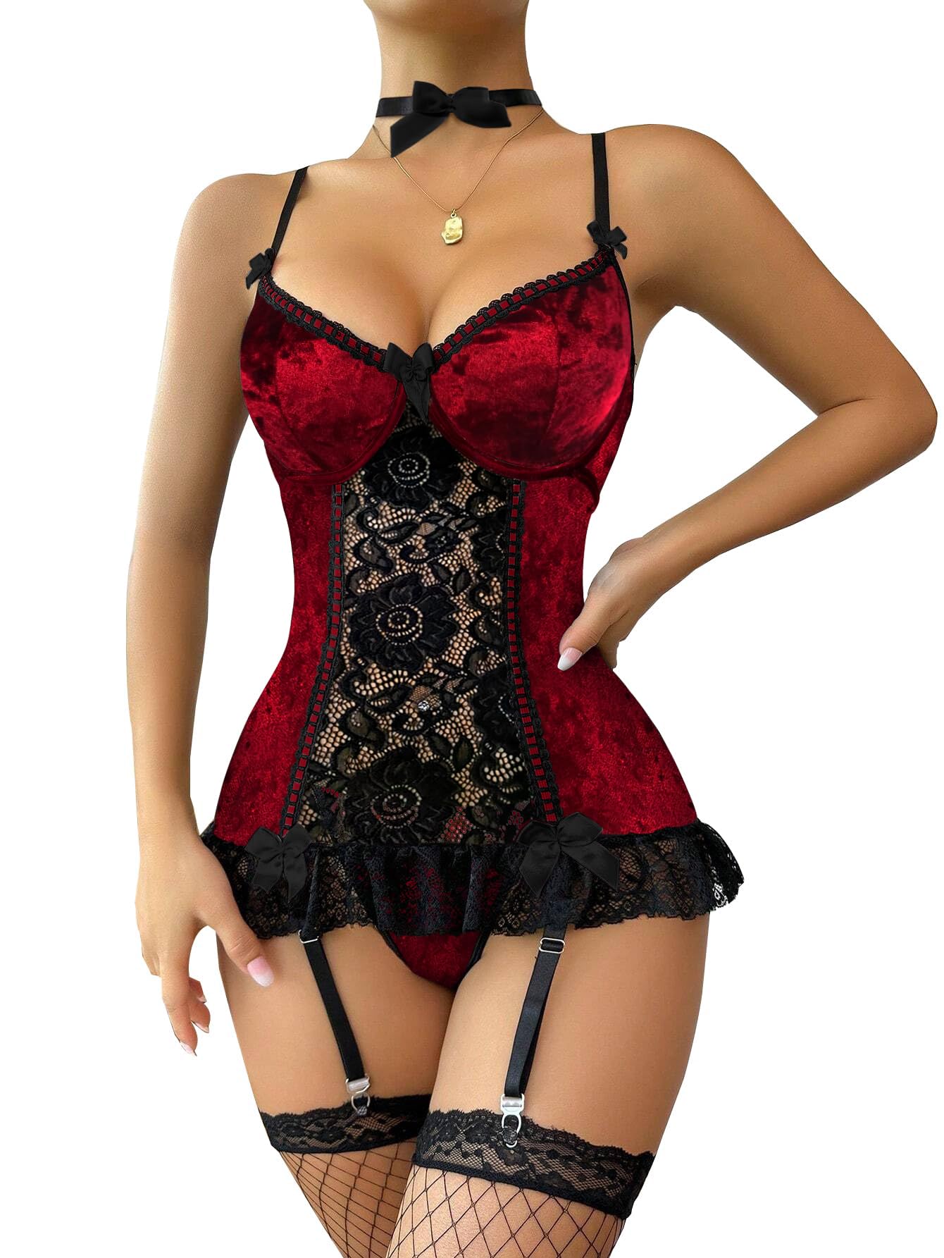 Lilosy Sexy Lingerie Corset Push Up Teddy Floral Lace Set with Garter Belt