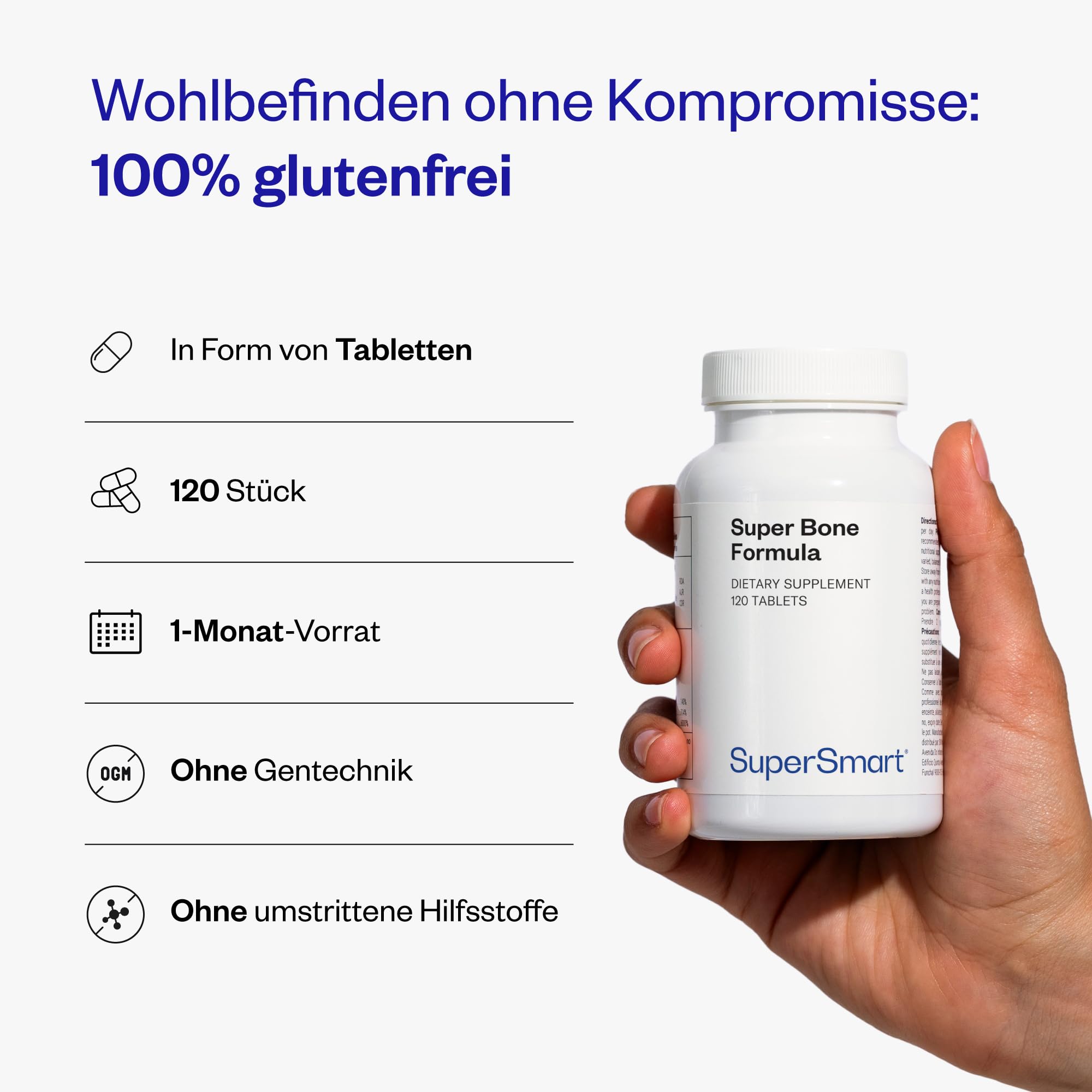 Super Bone Formula - Trägt zu gesunden Knochen bei - Unterstützt gesunde Gelenke - Reich an Kalzium, Zink, Magnesium und den Vitaminen D3, K2 - Glutenfrei - SuperSmart