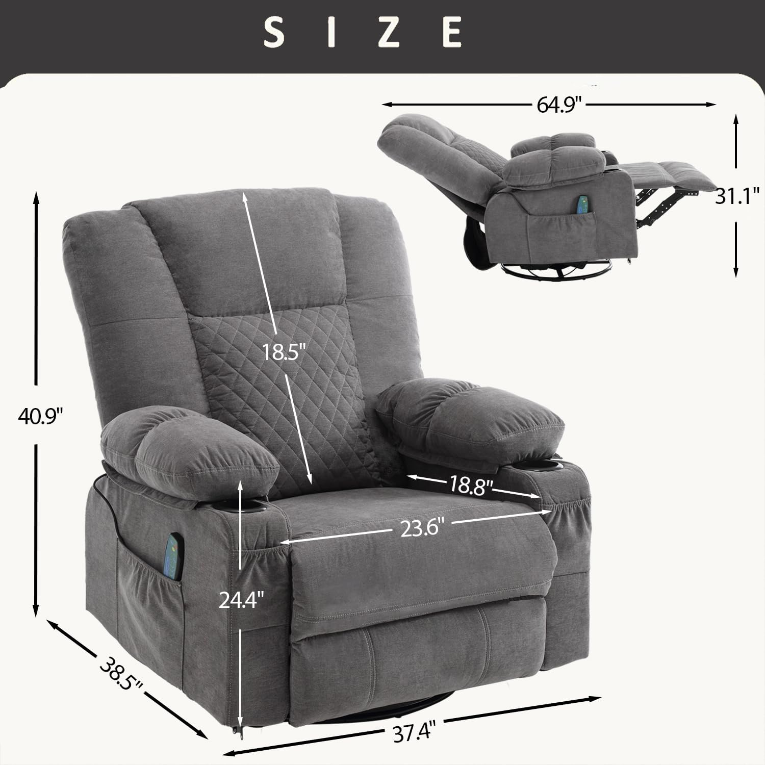 Rocker Recliner Chair with Heat and Massage, Wide Seat Overstuffed Fabric Reclining Chair for Living Room, Nursery Glider Rocking Chair Swivel Recliner with Cup Holder, Grey