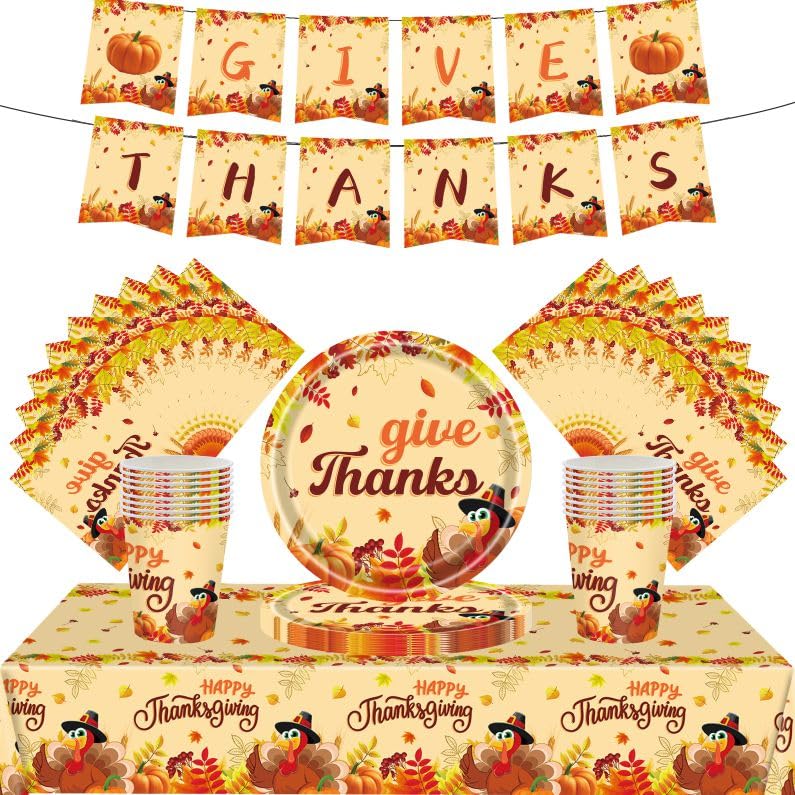 54Pcs Thanksgiving Tableware Decorations, Turkey Table Cloth, Banner, Paper Napkins