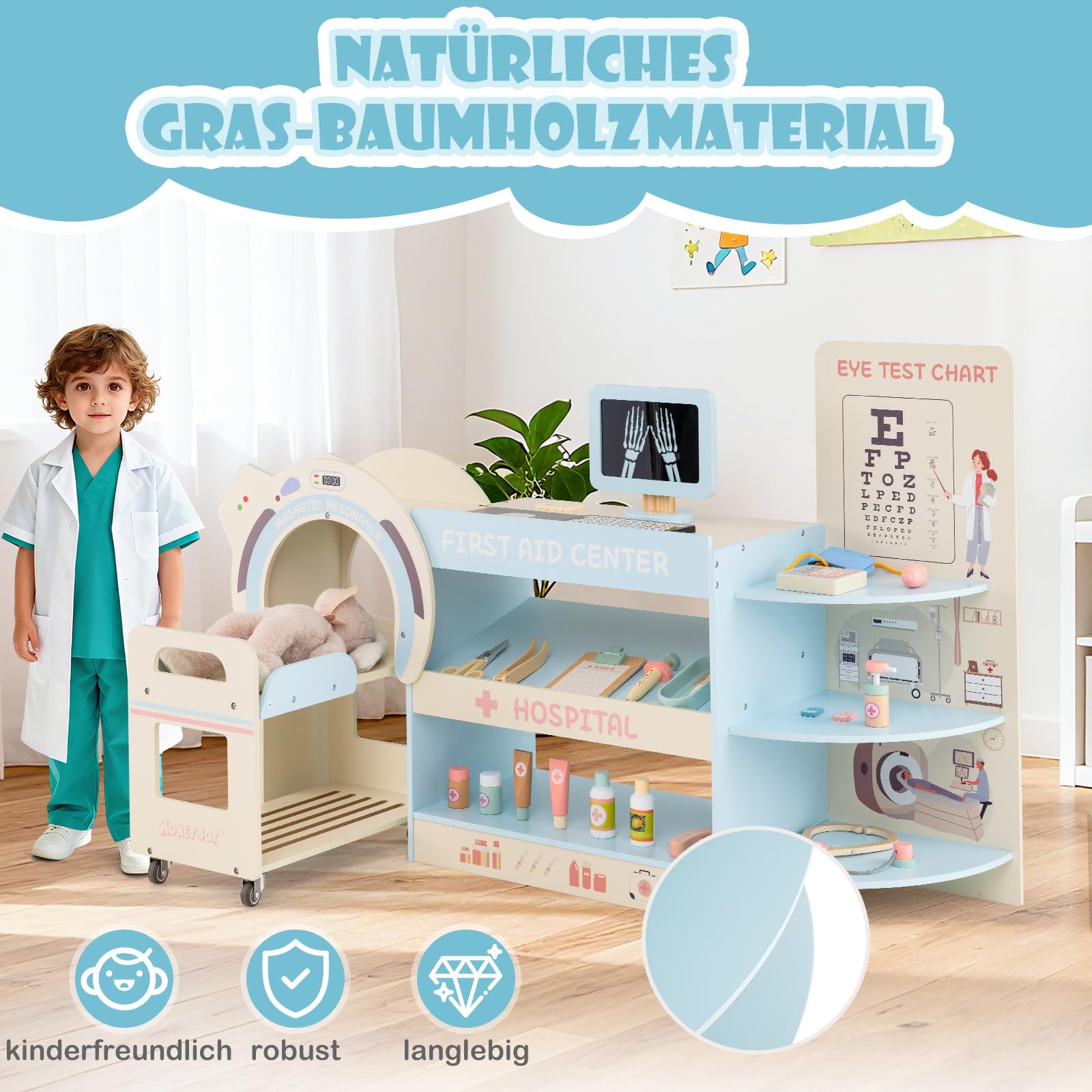 COSTWAY Holz Doktor Spielset, Krankenhaus Rollenspiel mit Sehtafel, Stethoskop, CT-Gerät, austauschbaren Filmen & medizinischen Zubehör, Arzt Set, Medizinisches Zentrum für Kinder ab 3 Jahren (Blau)