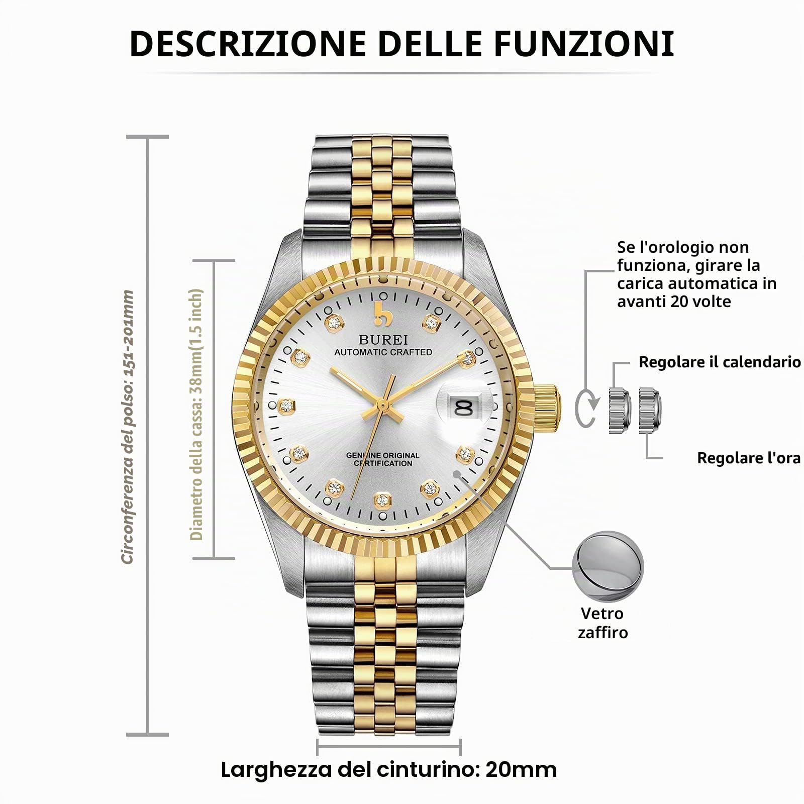 BUREI Orologio Automatico Uomo Business Orologio Bracciale Uomo Acciaio Inox Zaffiro Orologio da uomo di lusso