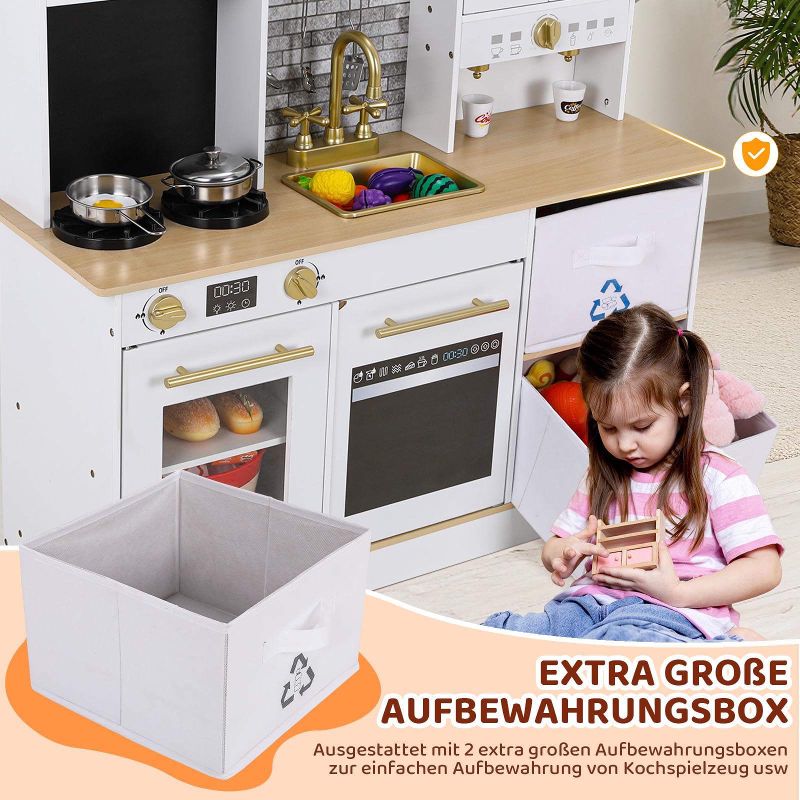 MAMIZO Cucina Giocattolo per Bambini Legno, con Effetti Simulati di Luce e Suono, Cucina Bambini con 2PCS Scatole Portaoggetti, Cucinetta Giocattolo per Bimbi da 3 Anni, 90x30x90 cm, Bianco