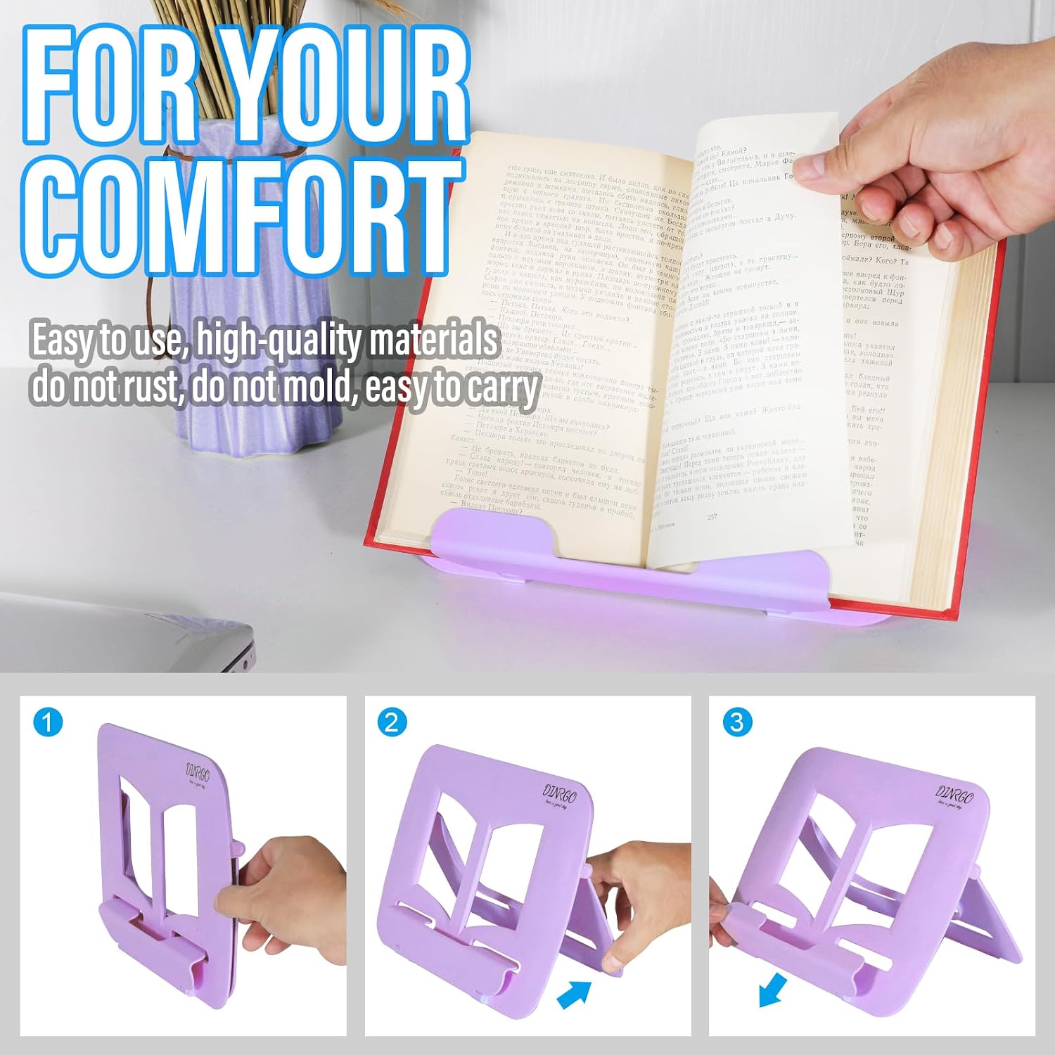 Portable Book Stand Book Holder Book Rest for Kids Reading Hands Free Cookbook Holder Textbook Stands Music Stand Lightweight Waterproof Book Stand Gifts School Supplies (Purple 11.82 *8.26)
