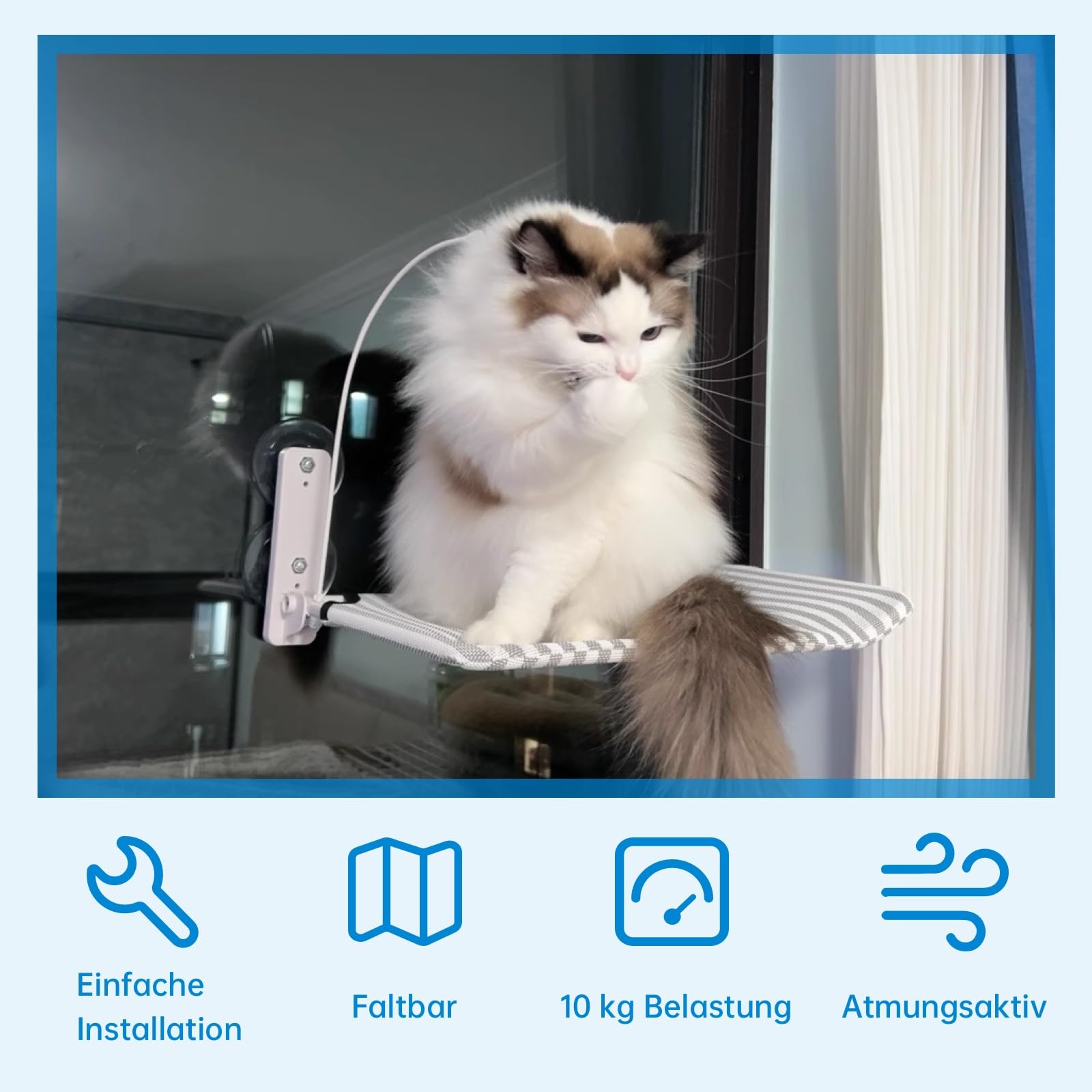 Fensterliege für Katzen Katzenbett Fenster Hängematte mit Starken Saugnäpfen bis 18kg – Abnehmbarer & Wendbarer Bezug, Faltbar & Stabil (Streifen, L)