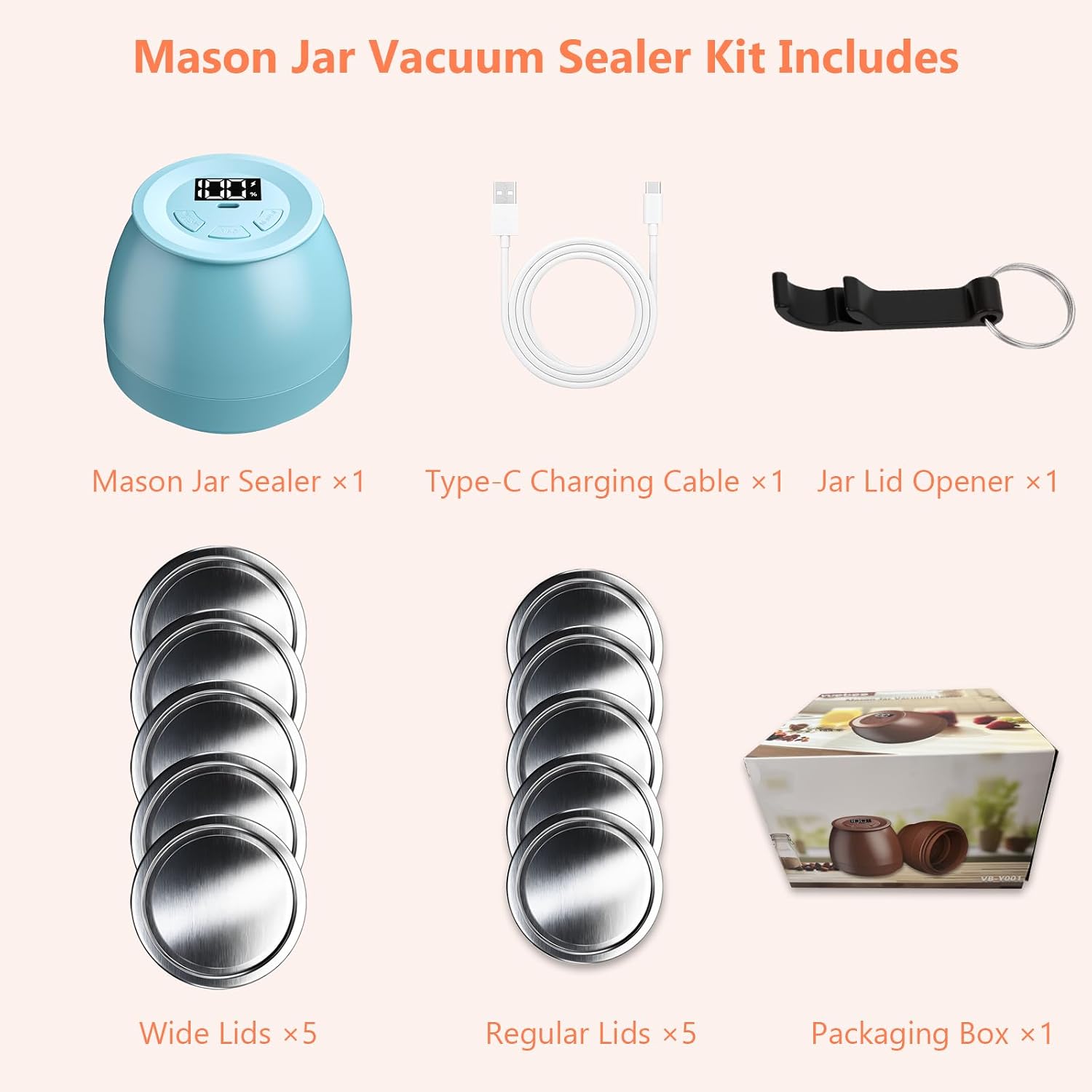 Zivif Electric Mason Jar Vacuum Sealer Kit for Wide & Regular Mouth Jars, Automatic Jar Sealer for Food Storage & Fermentation, Includes 10 Mason Jar Lids, Blue
