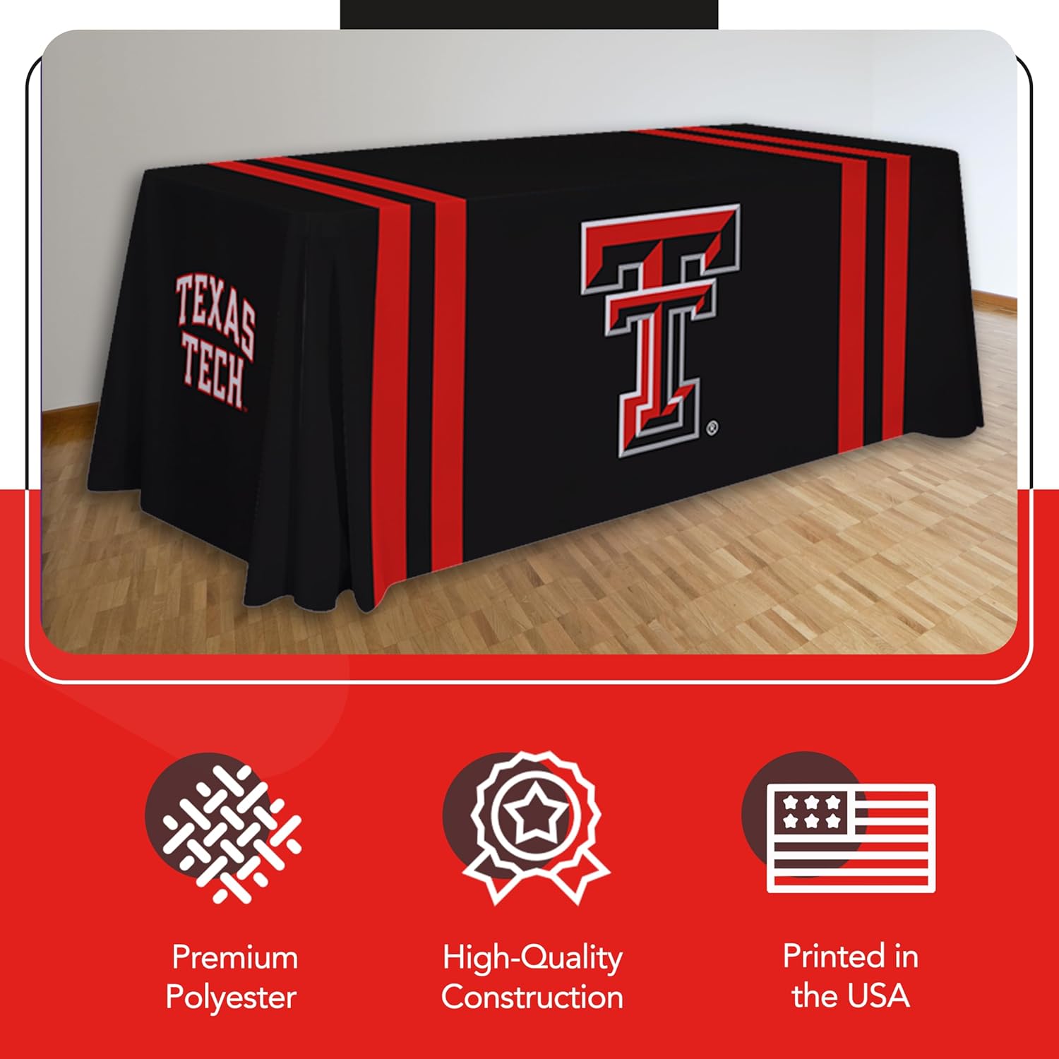 Texas Tech Red Raiders College Sports Printed Table Throw - NCAA Licensed - Polyester - School Tablecloth (Black, Red) (6' Draped)