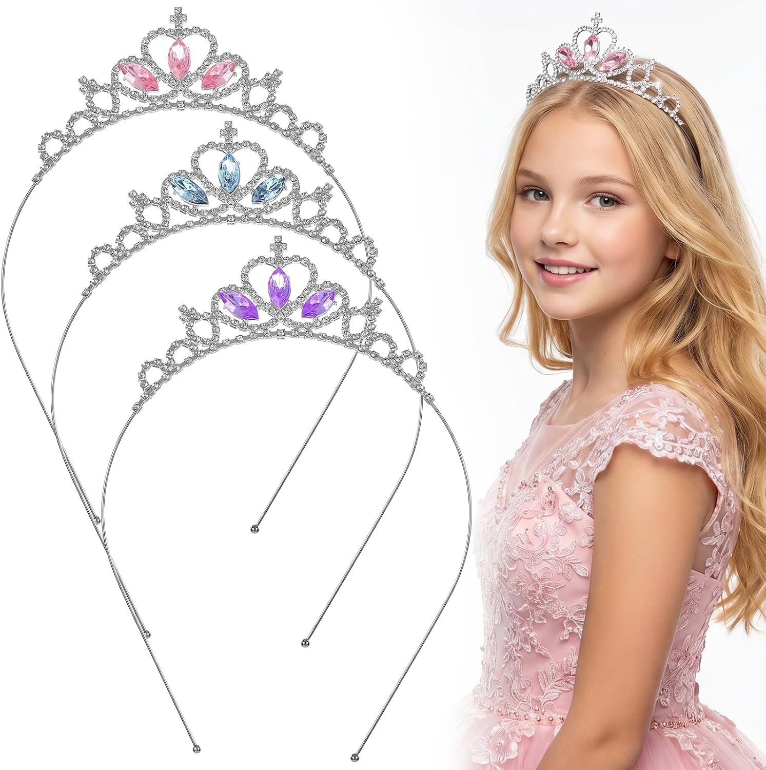 3PCS Rhinestone Tiara Headband, Crystal Non-Slip Crown Headband, Sparkling Princess Crowns for Women Girl, Suitable for Birthday Parties, Wedding Parties, Beauty Pageants
