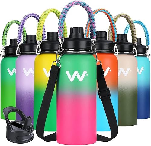 WEREWOLVES Botella de agua aislada con asas de paracaídas, correa, tapa de popote y tapa de boquilla, botella de agua reutilizable de boca ancha al