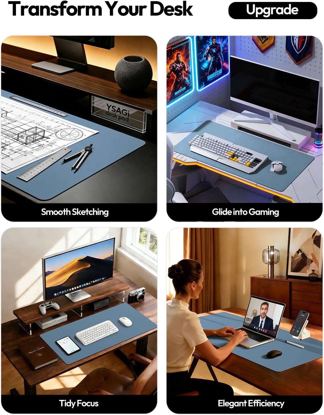 YSAGi Leather Desk Protector, Office Mat, Large Mouse Pad, Non-Slip PU Leather Blotter, Laptop Desk, Waterproof Writing Pad for Office and Home (Blue, 31.5" x 15.8") - Image 2