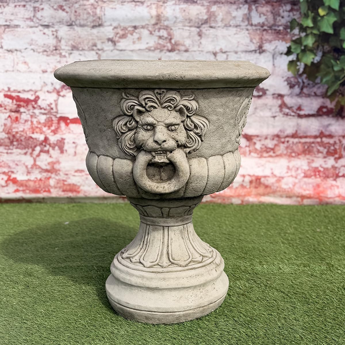 Garden Ornaments By Onefold Natural Onefold - Large Garden Vase Urn | Satyr Stone Planter | Detailed Hand Cast Stone Garden Ornament | 45 Kg