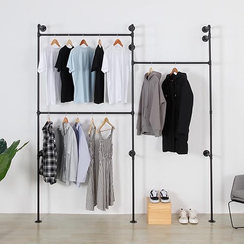 EDCB Perchero industrial de tubería con 2 estantes, perchero de ropa montado en la pared, estante colgante de alta resistencia, soportes de