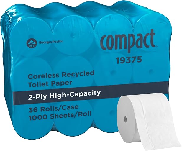 Compact by Georgia-Pacific PRO Coreless 2-Ply Recycled Toilet Paper, White, 1000 Sheets Per Roll, 36 Toilet Tissue Rolls Per Case, 19375