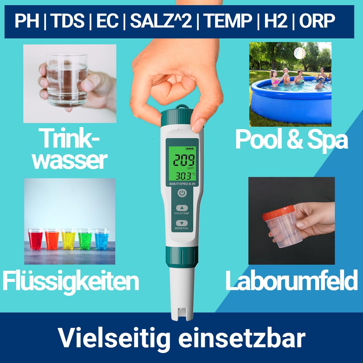 Miernik pH 8 w 1 do wody, pH | TDS | EC | zasolenia | ORP | H2 | termometr z wyświetlaczem LCD, bardzo precyzyjny tester wody – do wody pitnej, napojów, basenu i akwarium