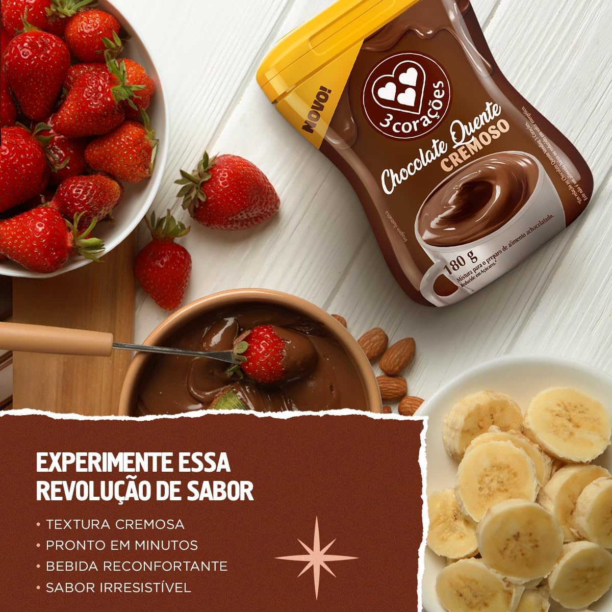 3 Corações Chocolate Quente Cremoso, 180g