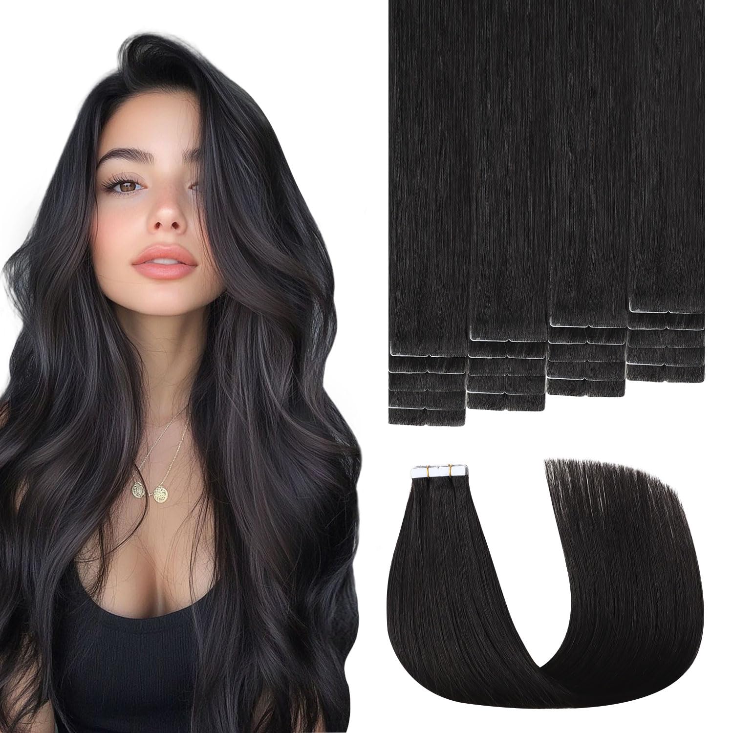 3rd-Generation Invisible Tape in Hair Extensions Human Hair #1B Natural Black Color 20pcs 45g 20inch Seamless Injection Hand-Tied Invisi Edge Tape ins Extensions（#1B-20inch）