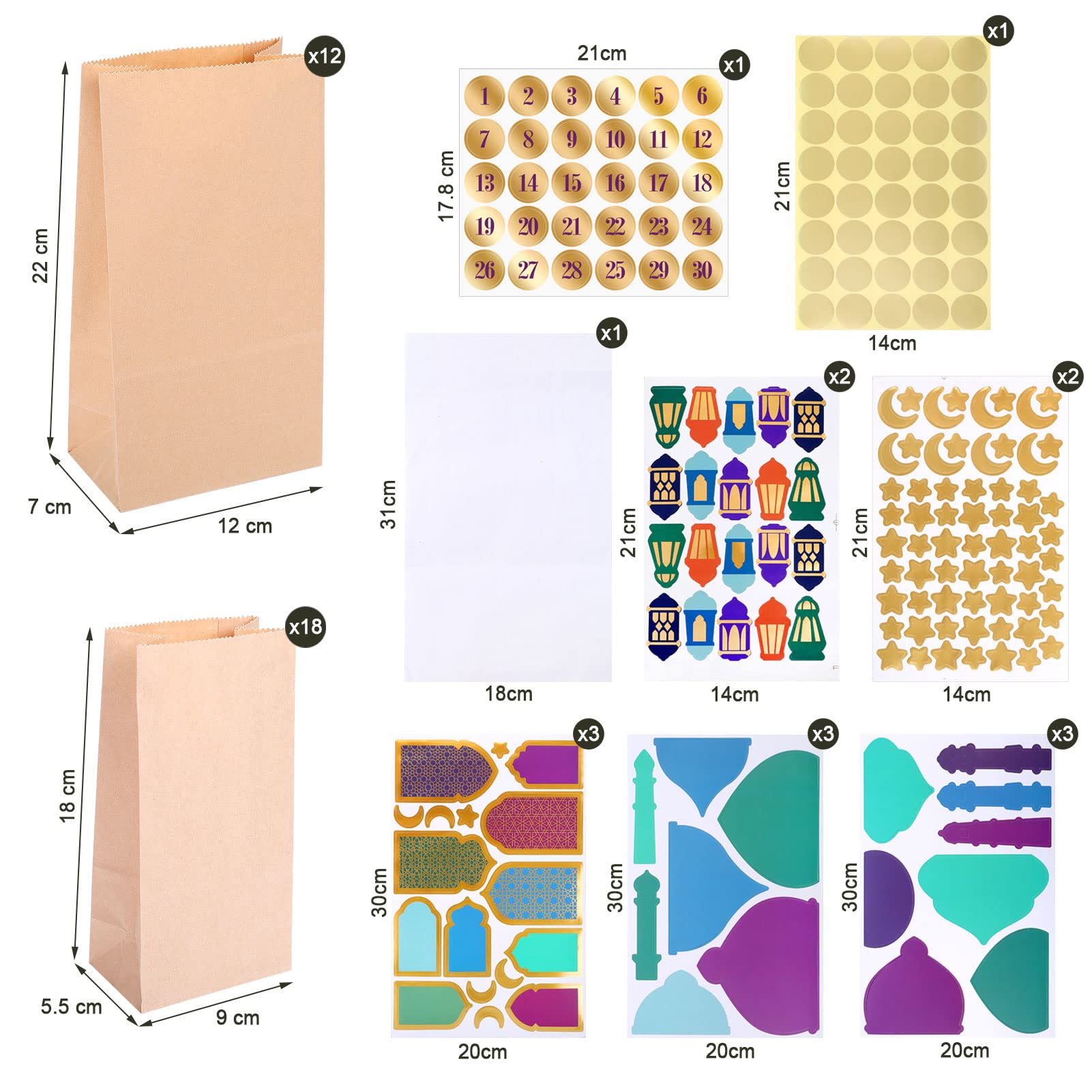 KESOTE 30CT Eid Mubarak Gift Bags Treat Bags with Moon & Star Stickers, Ramadan Countdown Advent Calendar DIY Brown Paper Bags