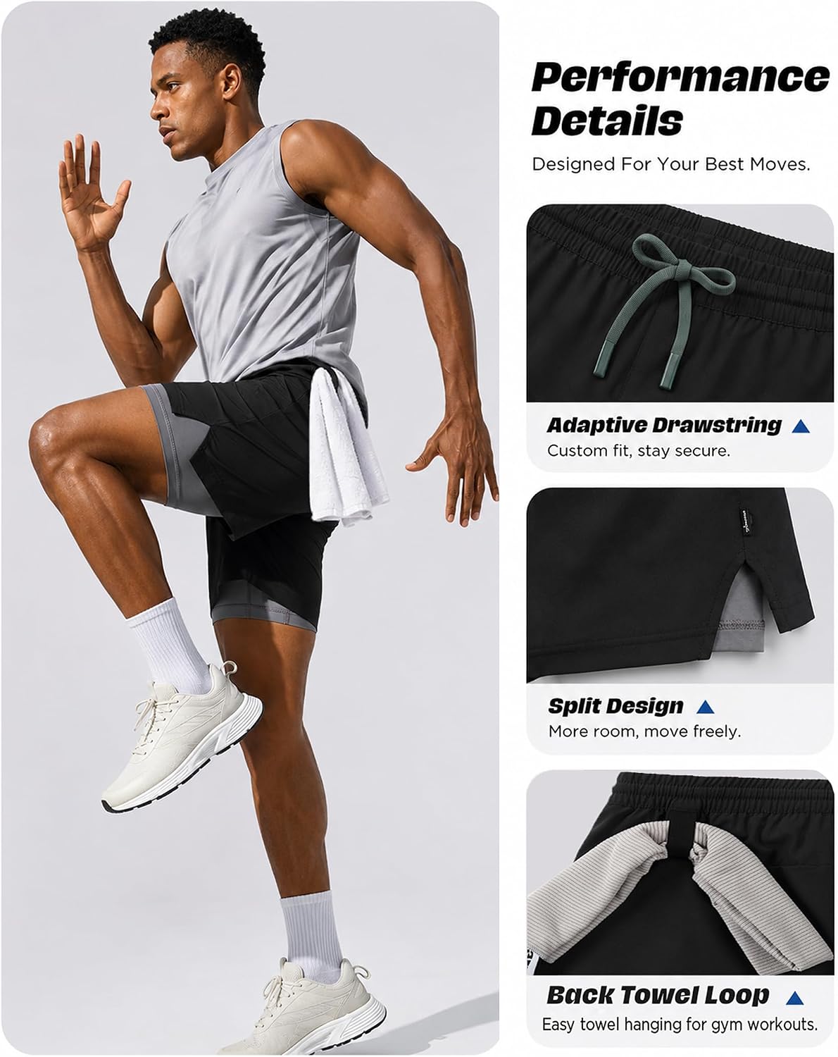 Men 2 in 1 Running Shorts with Compression Liner 5" 7" Quick Dry Workout Athletic Shorts with Pockets Towel Loop