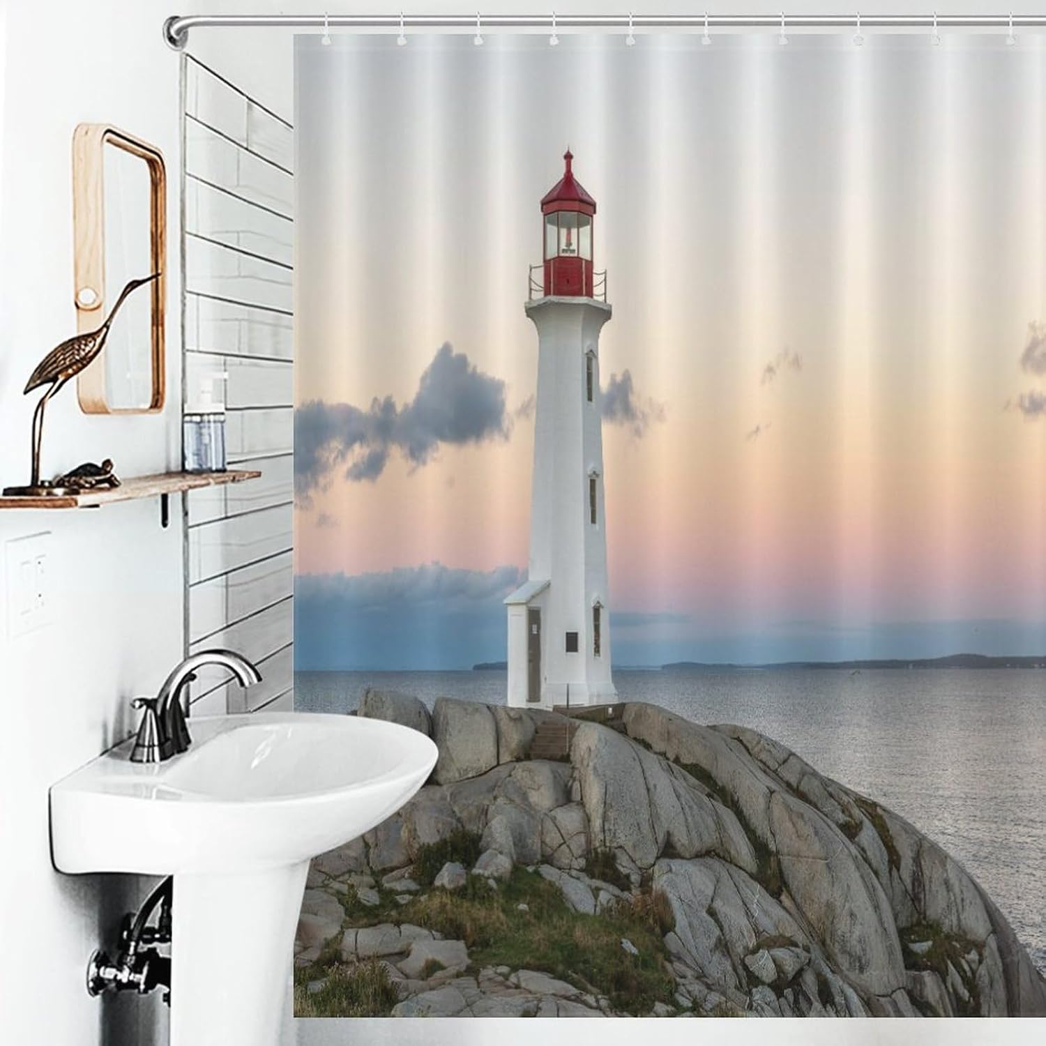 Lighthouse Shower Curtain Sunset Ocean Island Lighthouse Nature Landscape Art Print Waterproof Bath Curtain for Bathroom Decor with 12 Hooks 66x72 Inch