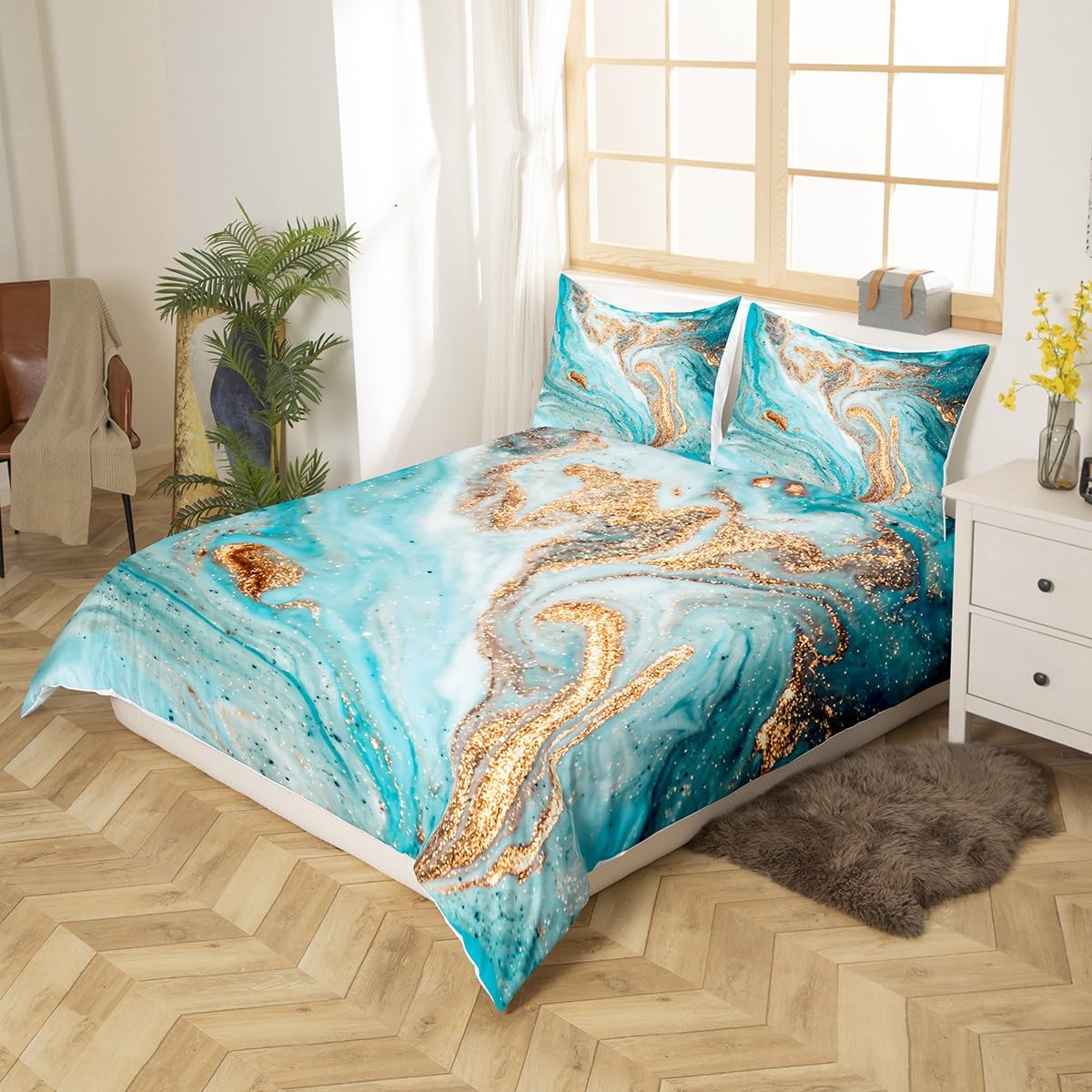 Marbling Duvet Cover Set Double Mint Gold Glitter Turquoise Comforter Cover Chic Girly Marble Bedding Set 3pcs for Kids Girls Room Decor Abstract Stone Texture Bedspread with 2 Pillowcases - Image 2