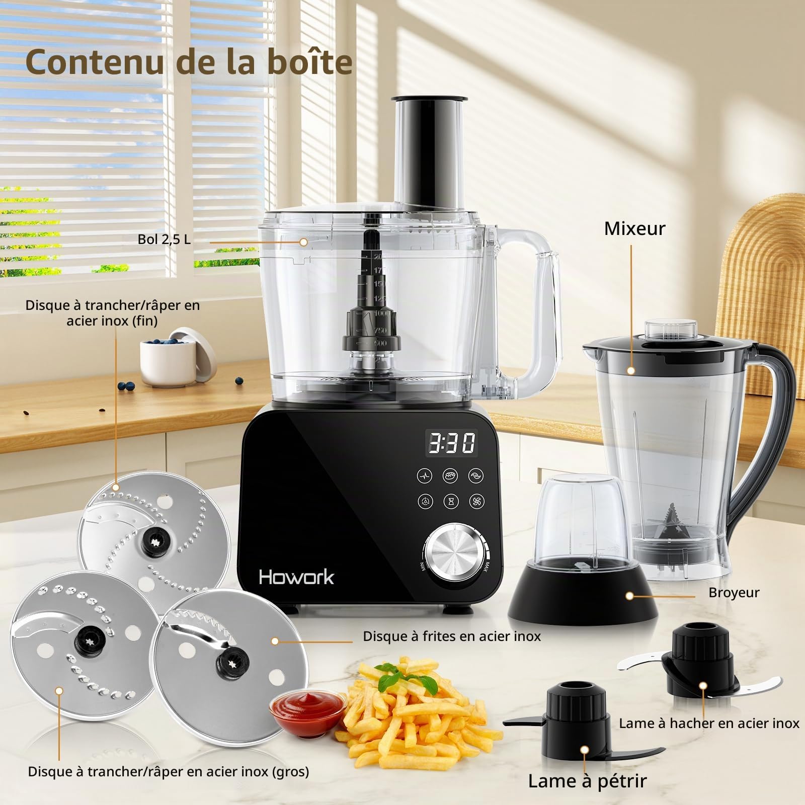 Howork robot de cuisine 1500W,Grande Capacité Robot Multifonction Cuisine, Pour Déchiqueter, Trancher,Hacher, Moudre, Faire des Smoothies, Hacher, Farcir et Faire de la Pâte, Acier Inoxydable Noir