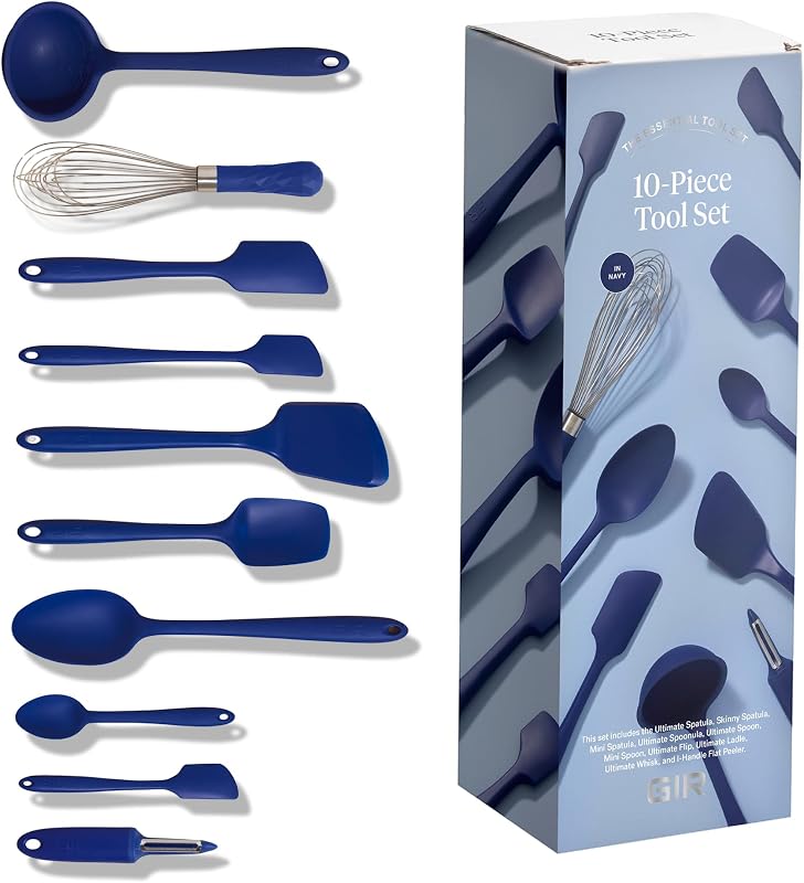 Get It Right Juego de utensilios de cocina de silicona de 10 piezas – Espátulas, cucharón, volteador, cucharas, batidor, pelador y espátula – Antiadherente, no tóxico, resistente al calor – Azul marino