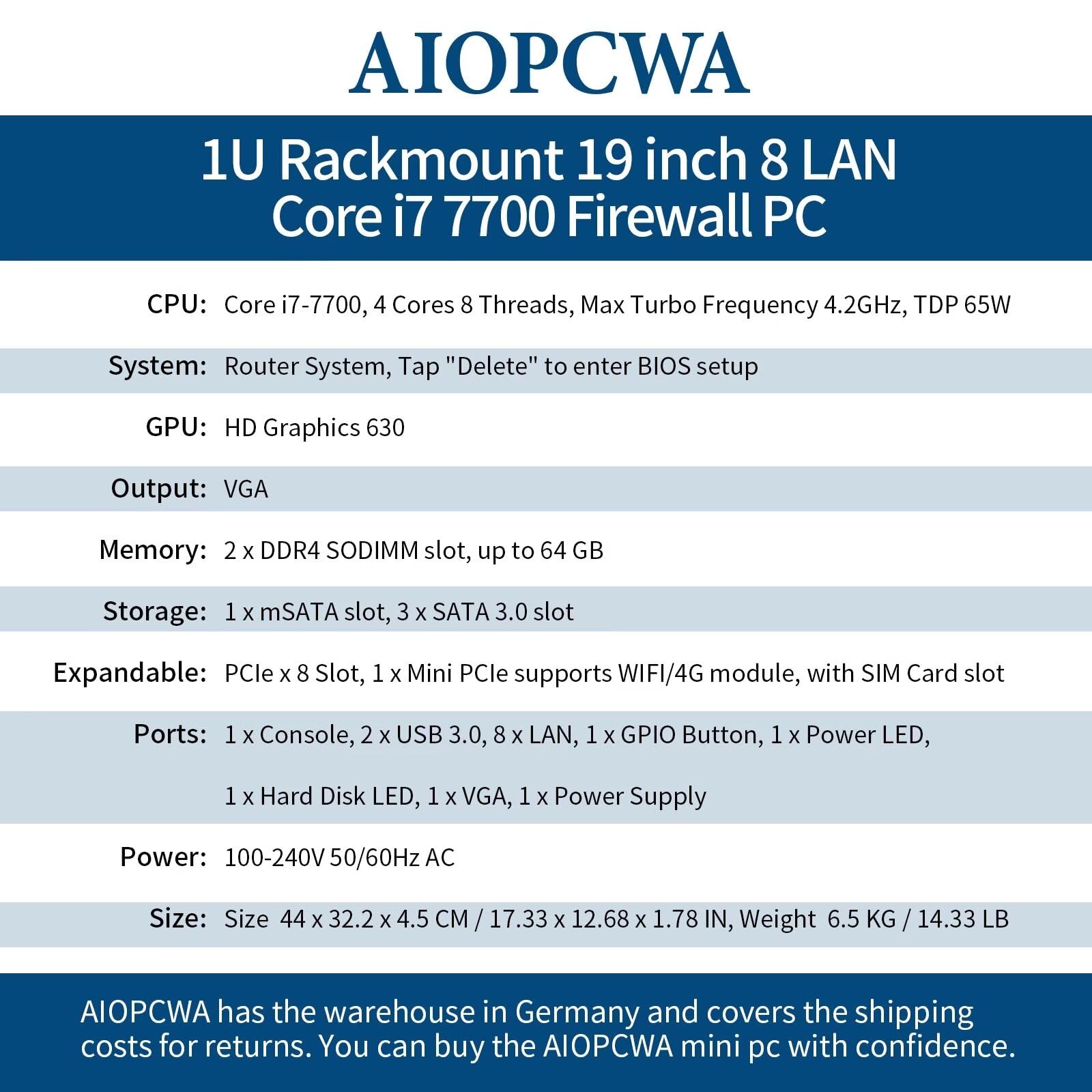 1U Firewall Appliance B150 Core i7 7700, 8X i226V 2.5GbE LAN Firewall Hardware VPN Router PC, DDR4 OPNsense Hardware 19”Rackmount for Homelab Server with VGA, SIM, Barebone