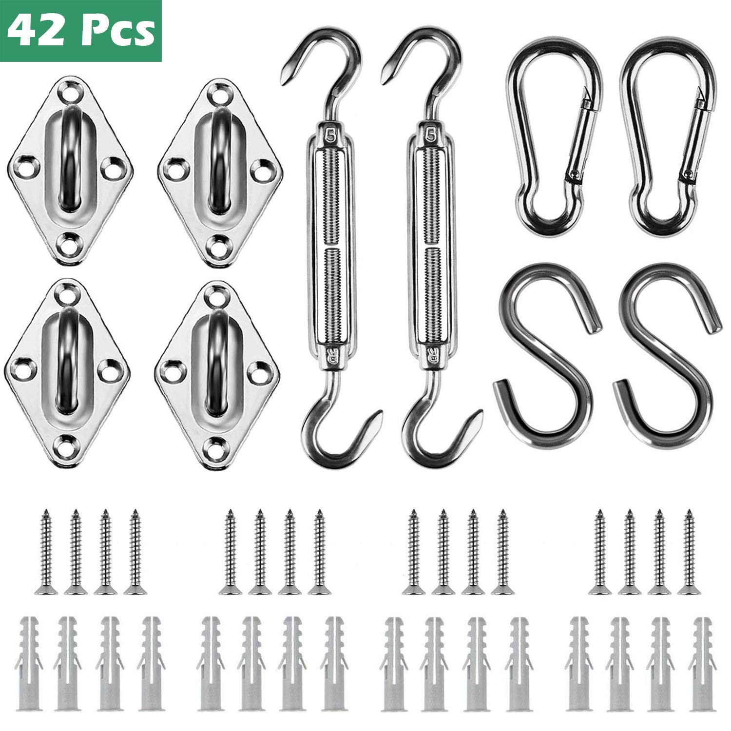 Sun Shade Sail Fixing Kit for Garden, 42 Pieces M6 Stainless Steel Hardware Kit for Installation of Garden Pool Lawn Outdoor Rectangular and Triangular Shade Sail