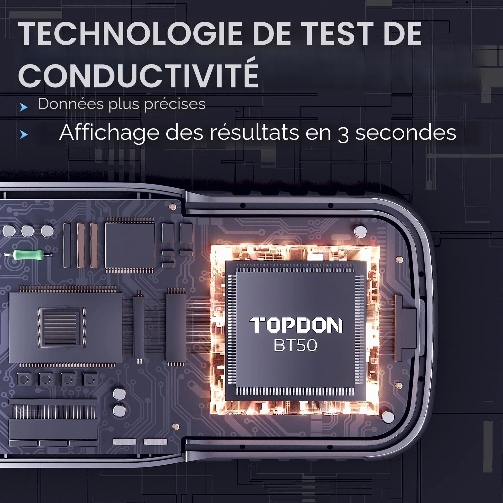 TOPDON BT50 Testeur de batterie, 12V testeur de batterie de voiture 100-2000 CCA vérification de la santé de la batterie test de démarrage charge, analyseur d'alternateur de batterie de test, noir