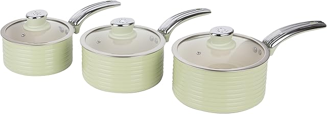 Swan SWPS3020GN Retro Induction Saucepan Set With Glass Lids, Non Stick Ceramic Coating, Easy to Clean, Green, 3 Piece, 16/18/20 Cm