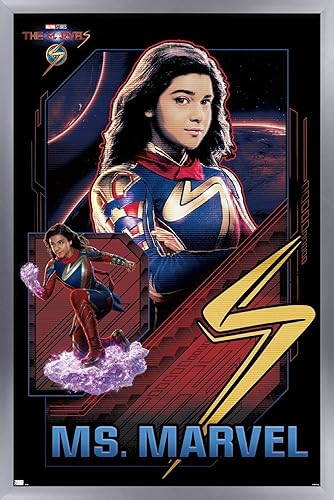 Trends International Marvel The Marvels - Póster de pared de Ms. Marvel, 14.72 x 22.37 pulgadas, versión enmarcada plateada