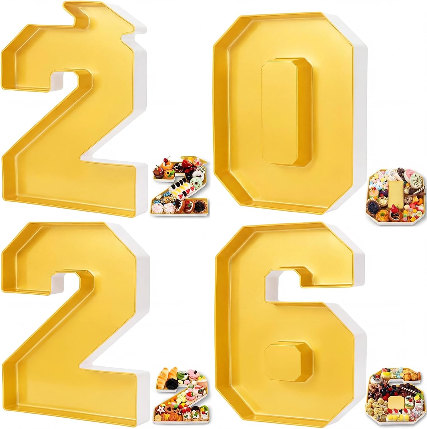 Tellingyou 4 Pcs 13.7" 2026 Graduation Number Fillable for Charcuterie Disposable Mache Box Chocolate Candy Tray Grad Container Decoration(Gold,2026)