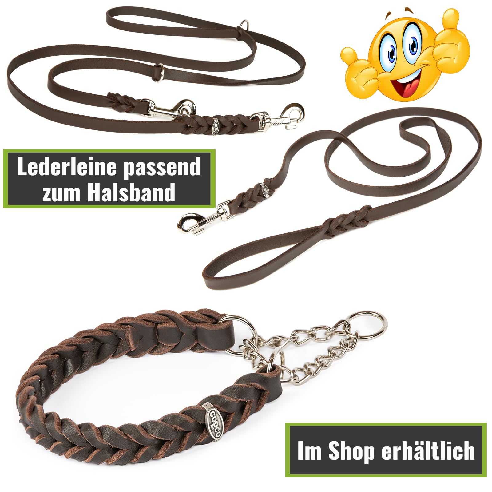 CopcoPet – Collare in pelle grassa intrecciato con catenina, marrone, 60 – 65 cm x 25 mm
