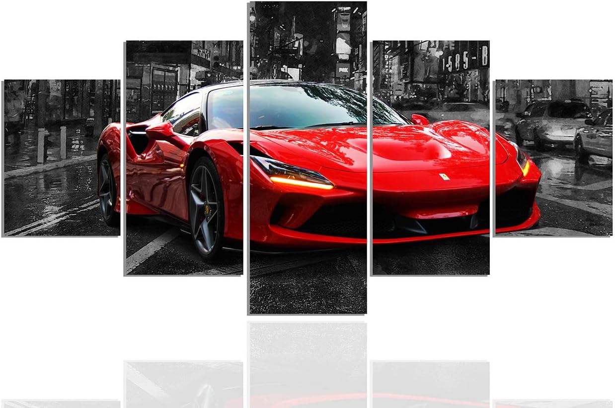 Black and White Wall Art Car Poster 5 Pieces Red Sports Car Large Canvas Art Pictures for Boys Room Bedroom Living Room Office Decor Ready to Hang