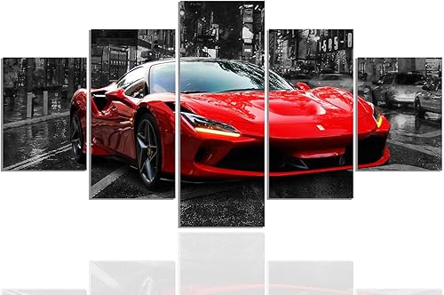 Póster de pared en blanco y negro, 5 piezas de coche deportivo rojo, lienzo grande para habitación de niños, dormitorio, sala de estar, oficina,