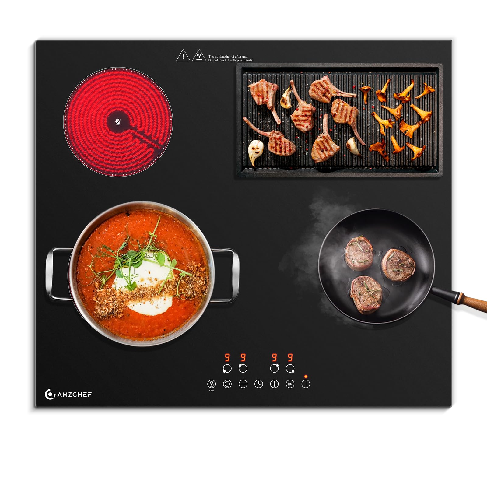 AMZCHEF Piano Cottura Vetroceramica 4 Fuochi 7200W, Piano Cottura Elettrico 60 cm, 9 Livelli di Potenza, Zone Doppie/Ovali per Grigliare, Funzione Pausa Riscaldamento, Compatibile con tutte le Pentole