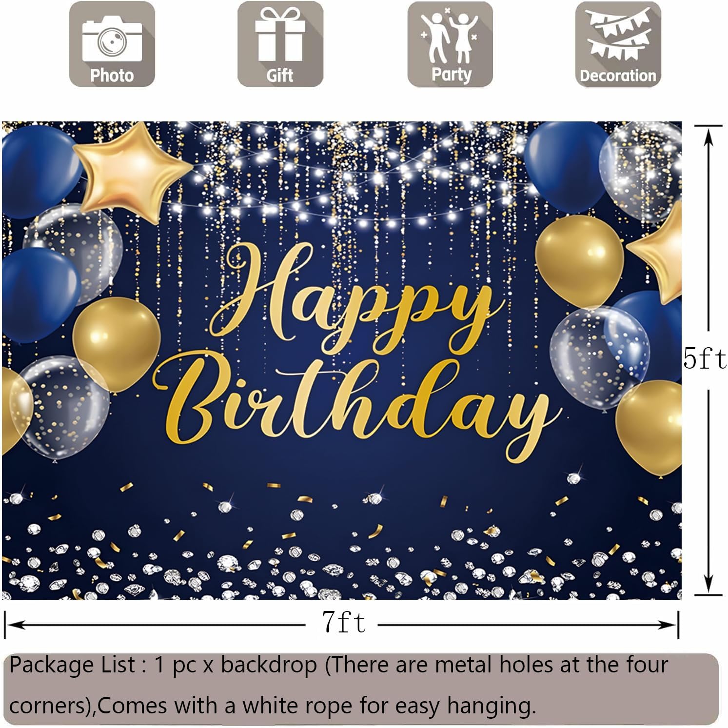 Happy Birthday Backdrop 7x5ft for Men Boys Navy Blue and Gold Happy Birthday Banner Decorations Large Birthday Party Photo Background Poster for Women Girls Supplies Polyester Fabric