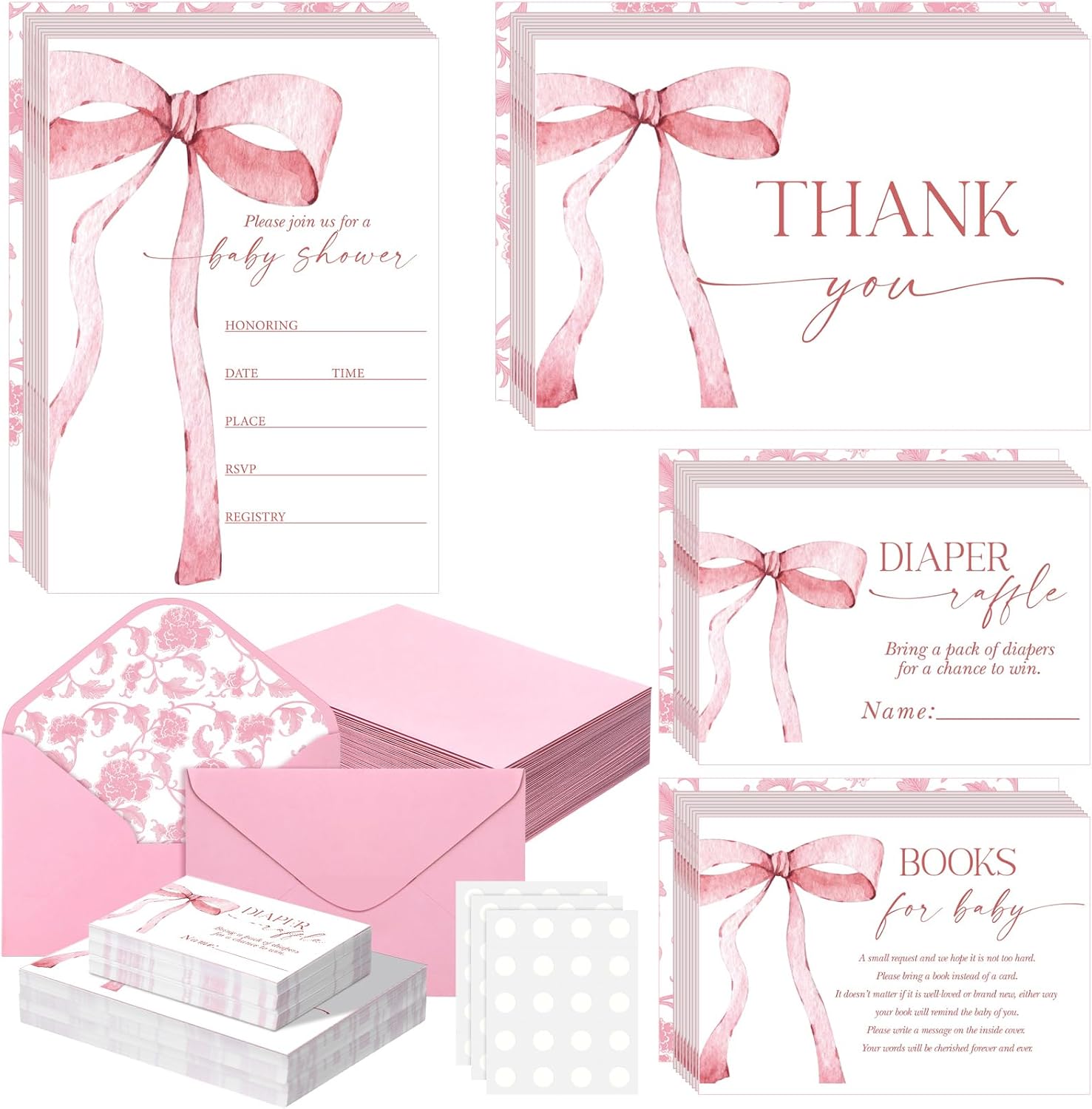 Fuutreo 150 Pcs Coquette Pink Bow Baby Shower Invitation Bundle Thank You Invitation with Envelope Book Request Card Diaper Raffle Ticket Pink Gender Reveal Card for Girl Baby Shower Supply