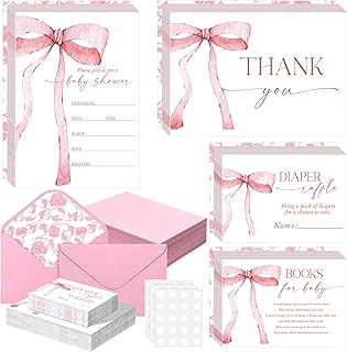 Fuutreo 150 Pcs Coquette Pink Bow Baby Shower Invitation Bundle Thank You Invitation with Envelope Book Request Card Diaper Raffle Ticket Pink Gender Reveal Card for Girl Baby Shower Supply