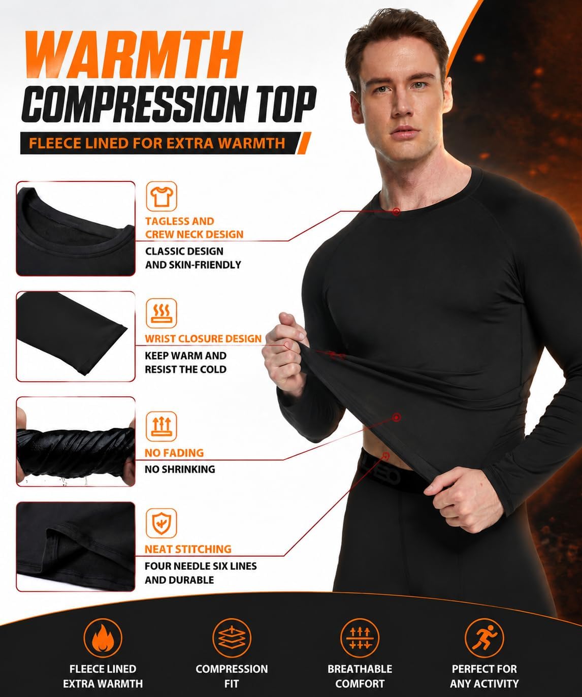 2 Set Mens Thermal Underwear Fleece Lined Long Johns Baselayer Shirts image 3