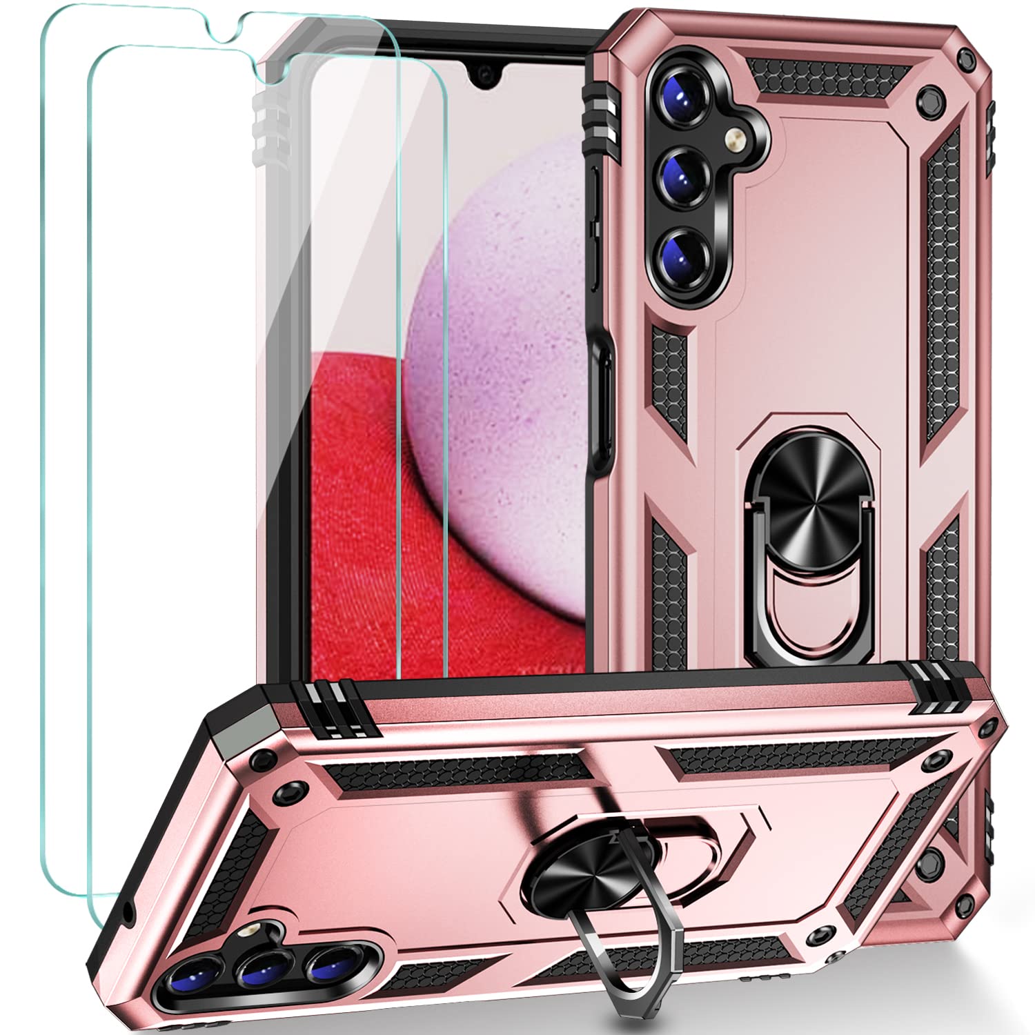 Muntinfe for Galaxy A14 5G Case, Samsung Galaxy A14 5G Case with Screen Protector [2 Pack], [Military Grade 16ft. Drop Tested] Magnetic Ring Holder Kickstand Protective Phone Cover, Rose Gold